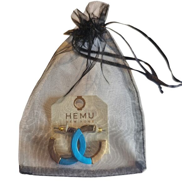 Hoop Earrings Blue, Gold Tone Chunky Acrylic 1.19" HEMU New York w/ Gift Bag - Picture 7 of 8